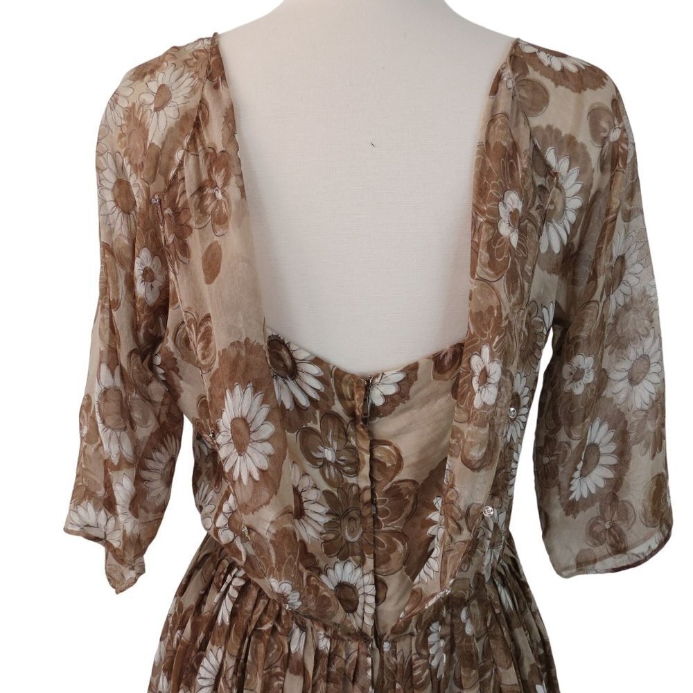 Vintage 1960s Women's Brown Daisy Floral Chiffon Fit & Flare Dress - Picture 8 of 11